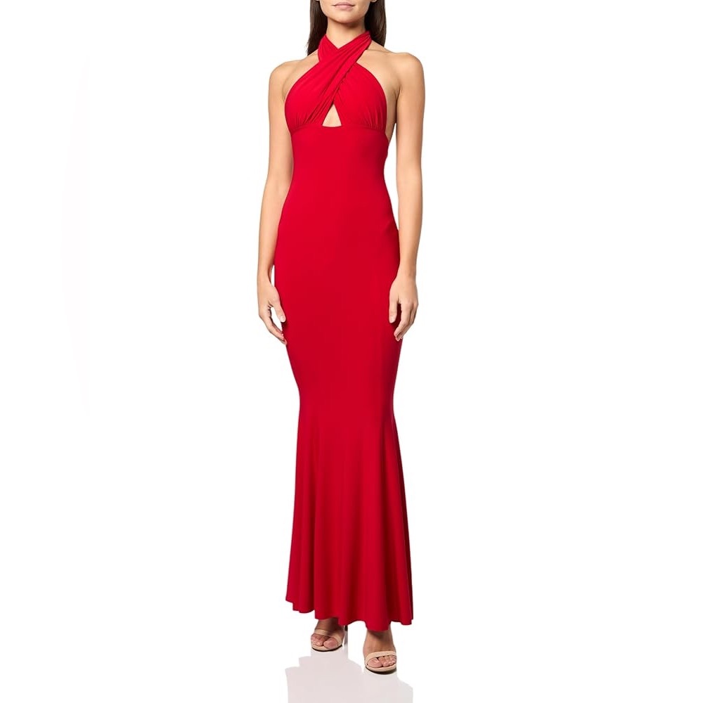 Norma Kamali NET-A-PORTER Elegant Red Cross Halterneck Maxi Dress Gown
